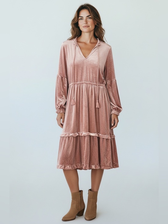 Simply Southern Dresses & Skirts - Simply Southern Rose Pink Velvet Tiered Midi Dress